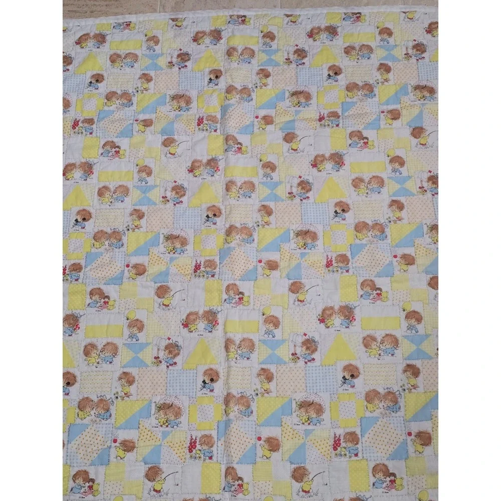 Vintage Lil Shavers Patchwork Baby Quilt Child Yellow‎ Little 1970 Mop Top Hair